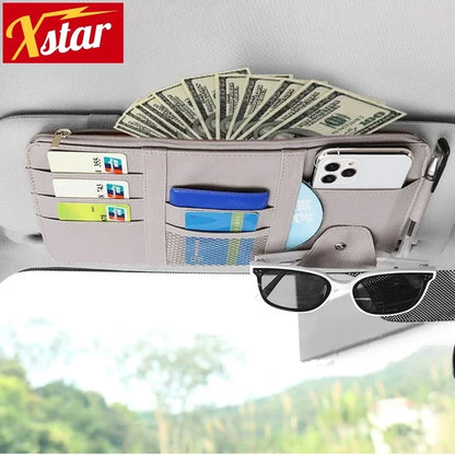 Car Sun Visor Organizer Leather Pocket Organizer Sunglass Holder for Car Interior Accessories with Multi-Pocket Net Zipper