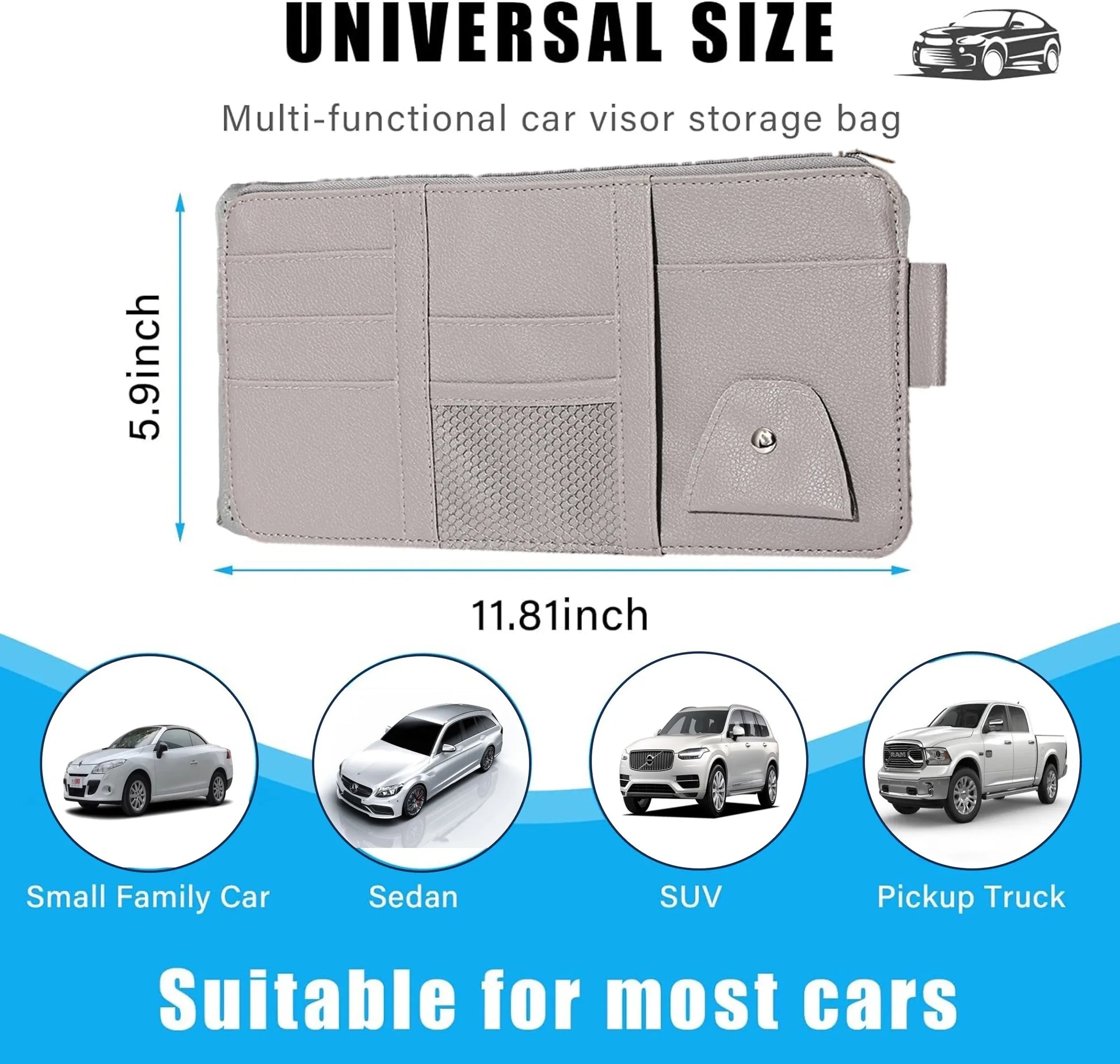 Car Sun Visor Organizer Leather Pocket Organizer Sunglass Holder for Car Interior Accessories with Multi-Pocket Net Zipper