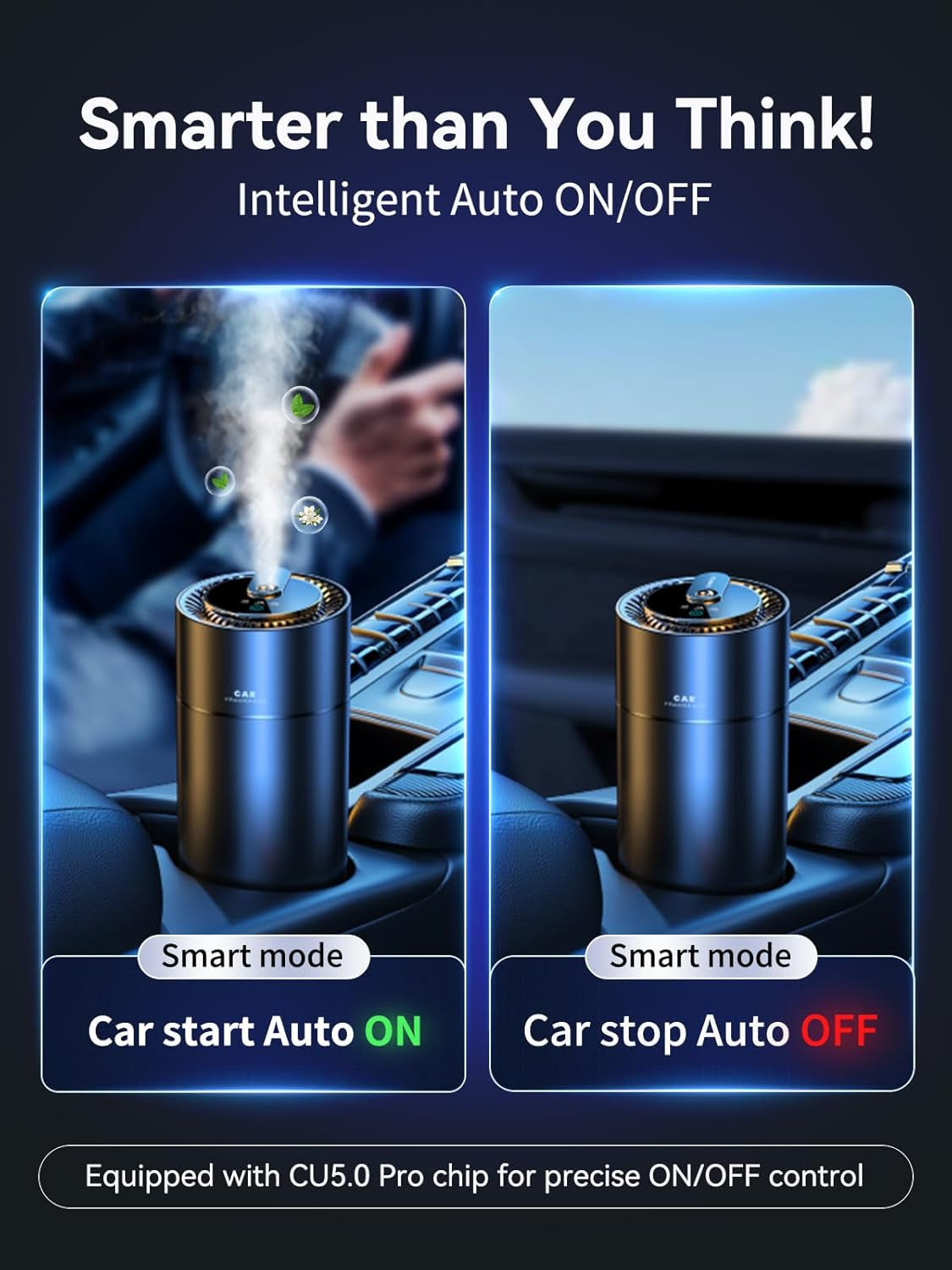 Smart Car Air Fresheners, New Smell Experience by Ultrasonic Mist, Auto On/Off, Powerful Built-In Battery, Natural Fragrance, Adjustable Car Freshener, Bamboo Scent