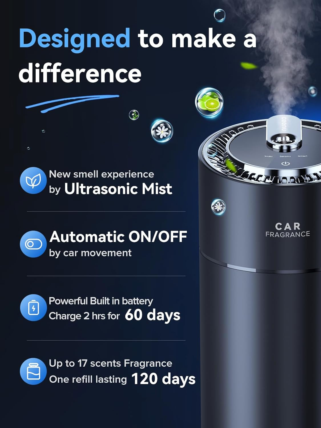 Smart Car Air Fresheners, New Smell Experience by Ultrasonic Mist, Auto On/Off, Powerful Built-In Battery, Natural Fragrance, Adjustable Car Freshener, Bamboo Scent