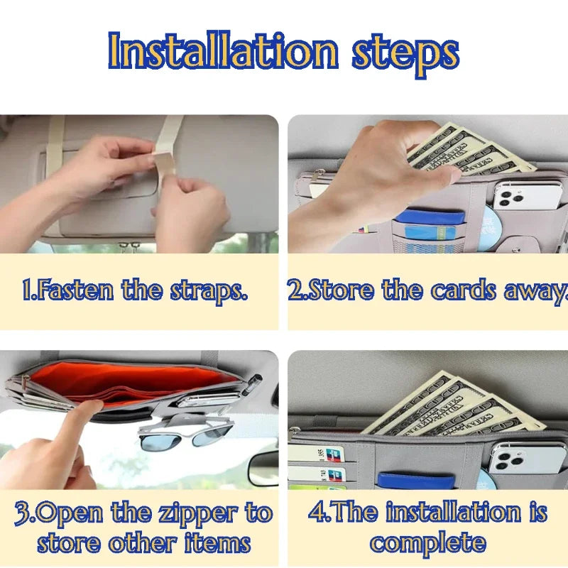 Car Sun Visor Organizer Leather Pocket Organizer Sunglass Holder for Car Interior Accessories with Multi-Pocket Net Zipper